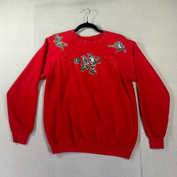 Upcycled Vintage Hanes Crew Neck Sweatshirt Size L Birds Glitter Holiday Nature - Picture 1 of 11